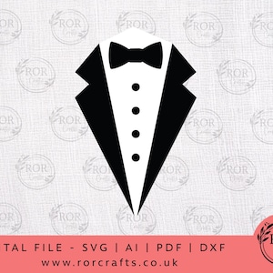 May include: A black and white tuxedo graphic with a bow tie and four buttons. The image includes the text "DIGITAL FILE - SVG | AI | PDF | DXF" and the website "www.rorcrafts.co.uk".