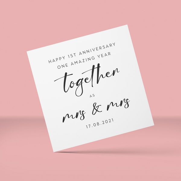 First Year Anniversary Card as Mrs & Mrs with Date, Wife 1st Anniversary Card, First Anniversary Card For Girlfriend, 1st Anniversary Card