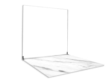 May include: A white marble backdrop with a white seamless paper backdrop attached to a stand.