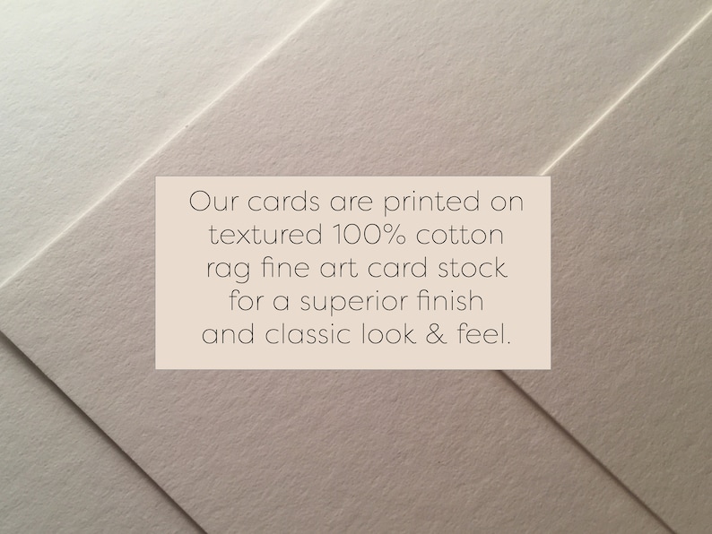 May include: A close-up of textured, off-white card stock with a printed message. The text reads: "Our cards are printed on textured 100% cotton rag fine art card stock for a superior finish and classic look & feel."