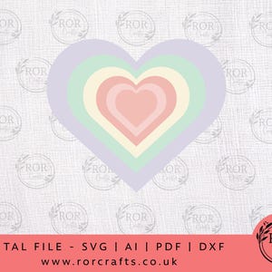 May include: A layered heart design in pastel colors, including pink, yellow, green, and purple. The image is a digital file, with text at the bottom indicating file types: SVG, AI, PDF, and DXF. The background is a textured white fabric.