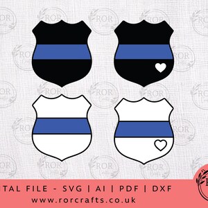 Puede incluir: Cuatro diseños de escudo en blanco y negro con una franja azul. Dos escudos tienen un corazón. El texto "DIGITAL FILE - SVG | AI | PDF | DXF" está en la parte inferior, junto con una dirección web.