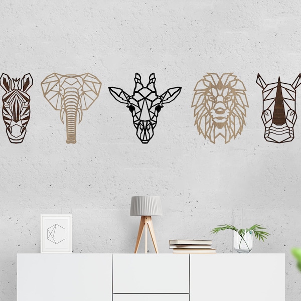 Set of 5 - Safari Themed Wall Decor Art Wooden Geometric - Nursery - Elephant - Lion - Giraffe - Africa - Wall Decor - Wall Art - Animals