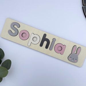 Conejo - Rompecabezas de nombre personalizado, Regalo de bebé de madera, Regalo de madera, Regalo de niño de madera, Rompecabezas de madera de nombre - Safari Farm Woodland Arctic Zoo
