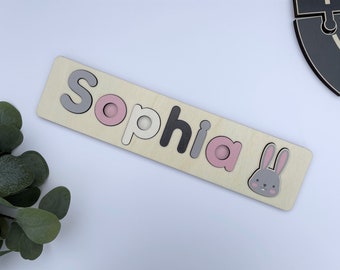 Rabbit - Personalised Name Puzzle, Wood Baby Gift, Wooden Gift, Wooden Child Gift, Name Wooden Jigsaw - Safari Farm Woodland Arctic Zoo