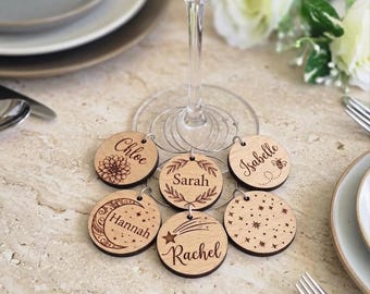 Personalized Wooden Wine Glass Charms - Custom Name Drink Markers for Weddings, Bridal Showers & Bachelorette Parties - Rustic Wood Place