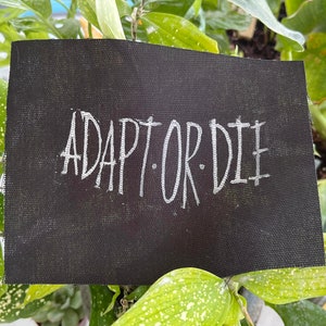 May include: Black fabric patch with white text that reads "Adapt or Die".