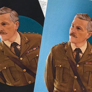 May include: Two portrait prints featuring a man in a military uniform. The man has a mustache and is wearing a khaki-colored jacket with gold buttons, a black tie, and a brown strap. One print is set against a black background, the other against a blue background.
