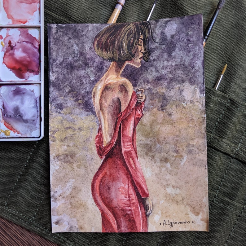A girl in a red dress with the naked back Golden background Watercolor original painting of a pretty girl 100/% cotton paper