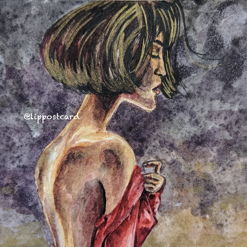 A girl in a red dress with the naked back Golden background Watercolor original painting of a pretty girl 100/% cotton paper