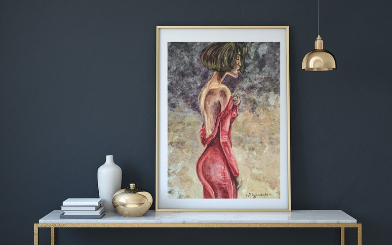 A girl in a red dress with the naked back Golden background Watercolor original painting of a pretty girl 100/% cotton paper