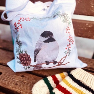 Chickadee Winter Wreath Cotton Tote Bag
