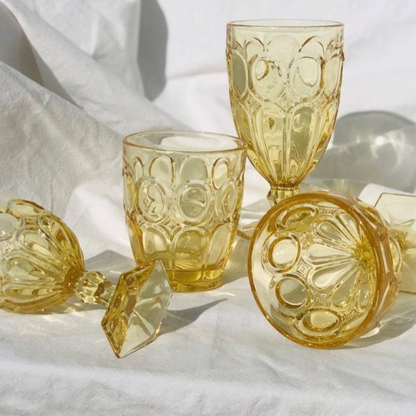 Vintage Fostoria Moonstone Yellow Glassware, various styles available, vintage barware, drinkware, drinking glasses, bar cart, kitchenware