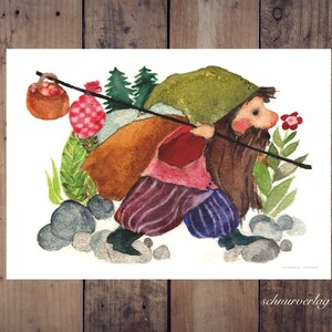 Wanderzwerg - Wandbild von E.M. Ott-Heidmann in DIN A3 aus Recyclingpapier