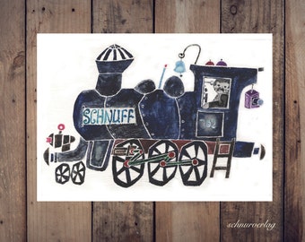 Carte postale de locomotive en DIN A6 ou 18 x 24 cm en papier recyclé • Illustration E.M.Ott-Heidmann