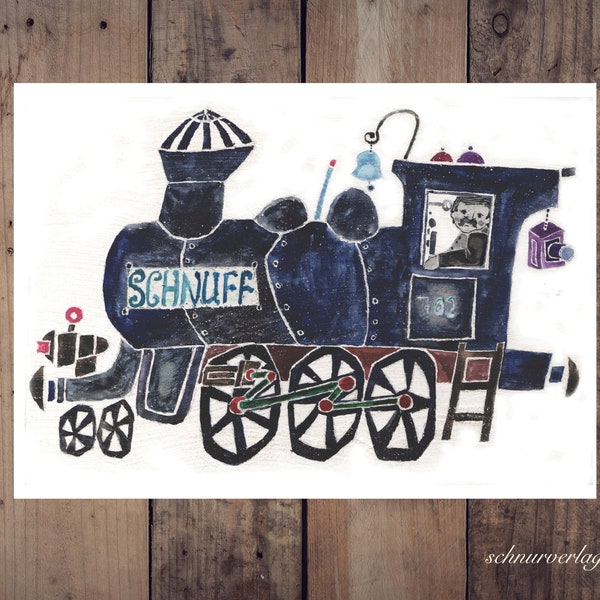 Carte postale de locomotive en DIN A6 ou 18 x 24 cm en papier recyclé • Illustration E.M.Ott-Heidmann