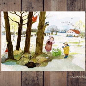 Carte postale de printemps au format A6 Last Snow de E.M.Ott-Heidmann en papier recyclé de Schnurverlag