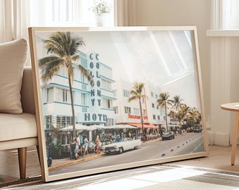 Miami Ocean Drive Photography Print: South Beach Retro Art Deco Travel Poster, Florida Pastel Hotel Wall Art, Trendy Large Landscape