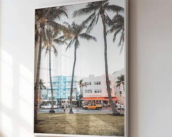Miami South Beach Photography Print: Retro Art Deco Travel Poster, Florida Pastel Hotel Wall Art, Trendy Vintage Print with Palm Trees