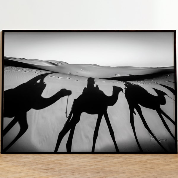 Sahara's Shadows Desert Print, Camel Print, Black and White Wall Art, Dark Moody Print, Landscape Photography, Moroccan Boho Modern Art