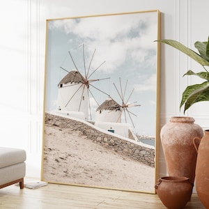 Mykonos Windmills Print, Greece Wall Art, Coastal Print, Coastal Wall Art, Cozy Room Decor, Greek Travel Poster, Landscape Photography Print