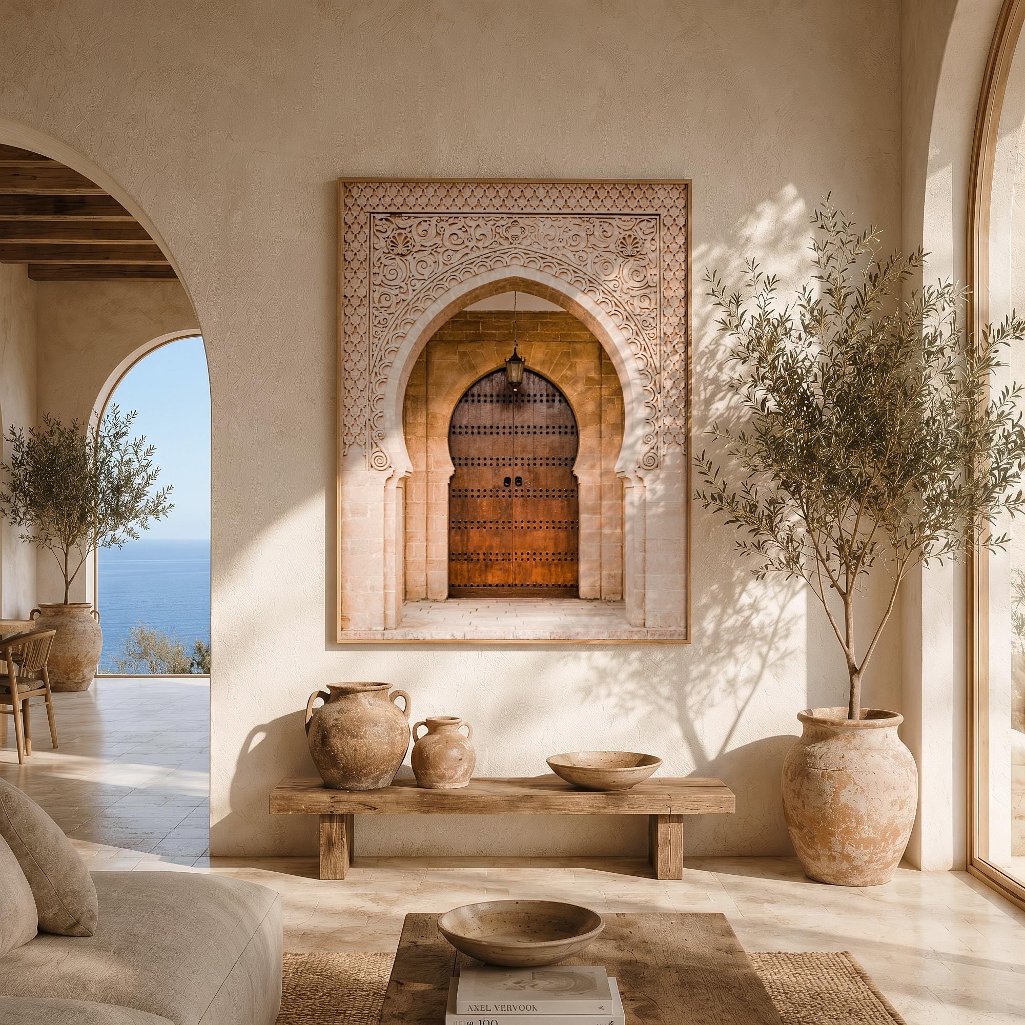 ヴィンテージ ギリシャ製 陶板画 アンジェロ・ツァキラキス 軍馬 アートタイル Moroccan Door Arch Print, Beige Boho Wall Art, Bohemian Art Print