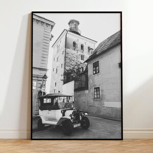 Impresión de viaje de Zagreb, Impresión de la Torre Lotrscak, Fotografía en blanco y negro, Póster de la ciudad, Impresión de un coche antiguo, Regalo de arte mural de Croacia, Impresiones de la antigua Europa