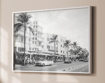 Impression de photographie en noir et blanc de Miami Ocean Drive : affiche de voyage art déco rétro de South Beach, art mural hôtel de Floride, grand paysage