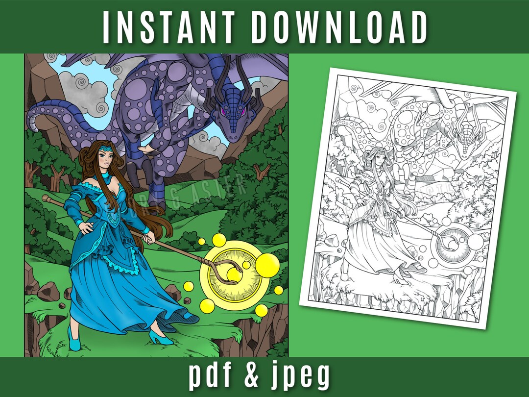 Dragon Warrior Coloring Page, Printable Adult Coloring Page, Adult
