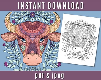 Zentangle Cow Coloring Page - Printable Adult Coloring Page - Instant Download - PDF - Animal - Zentangle - Buffalo - Cute - Relaxation