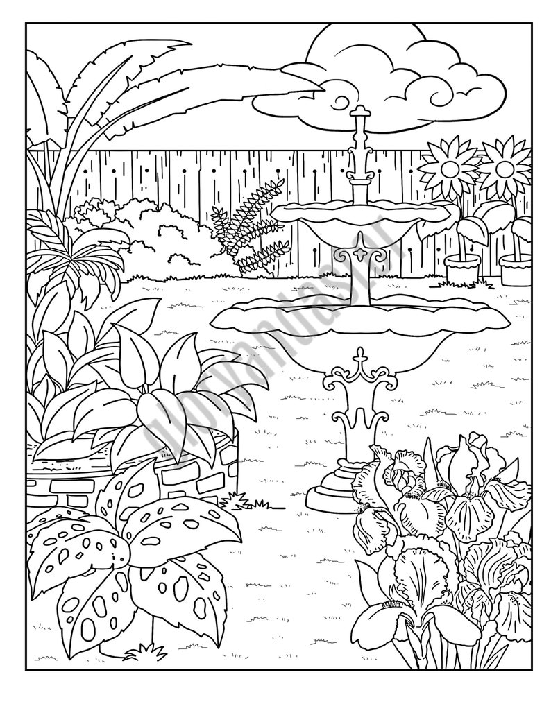 fountain garden coloring page printable adult coloring