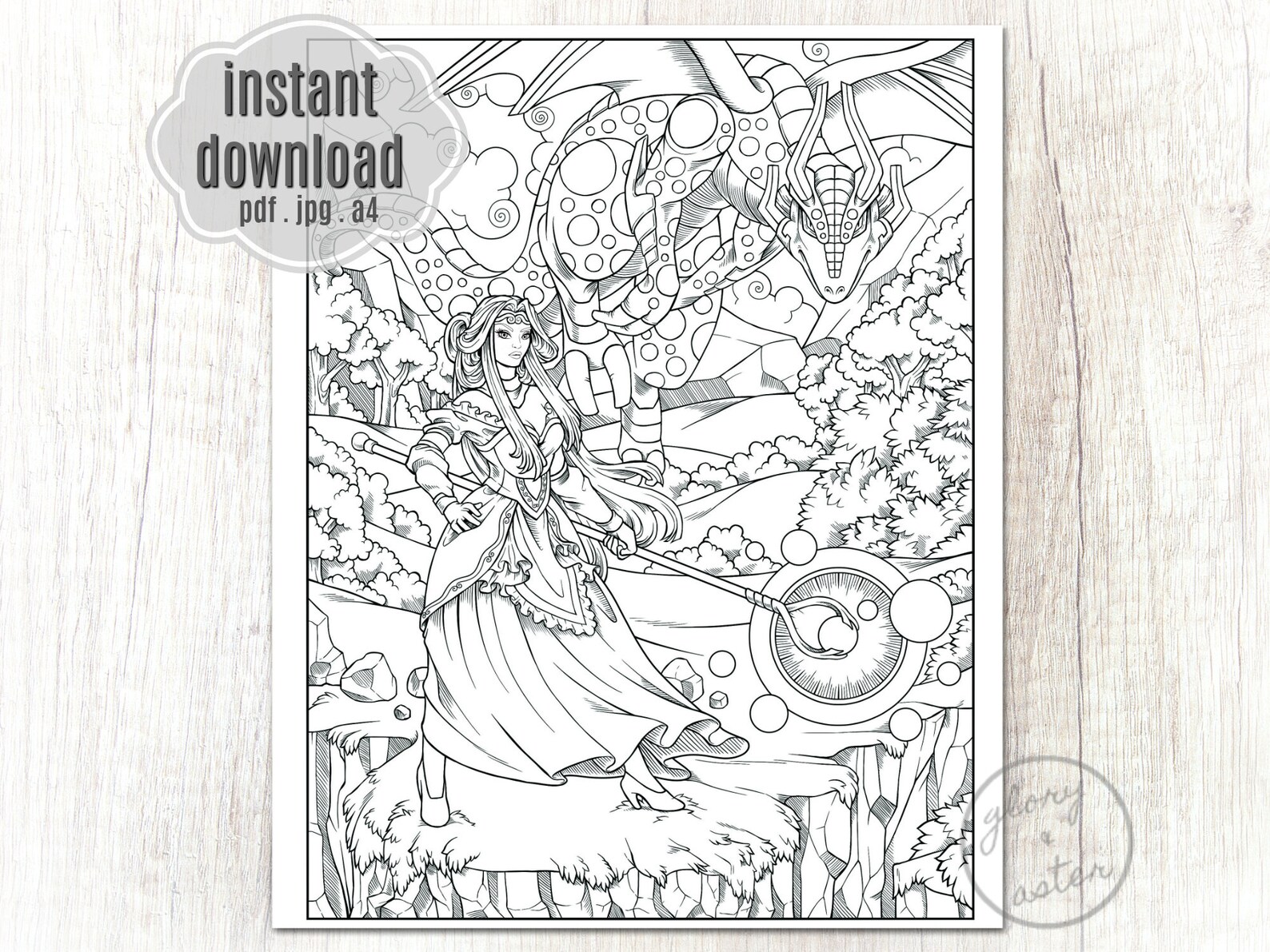 Dragon Warrior Coloring Page Printable Adult Coloring Page | Etsy