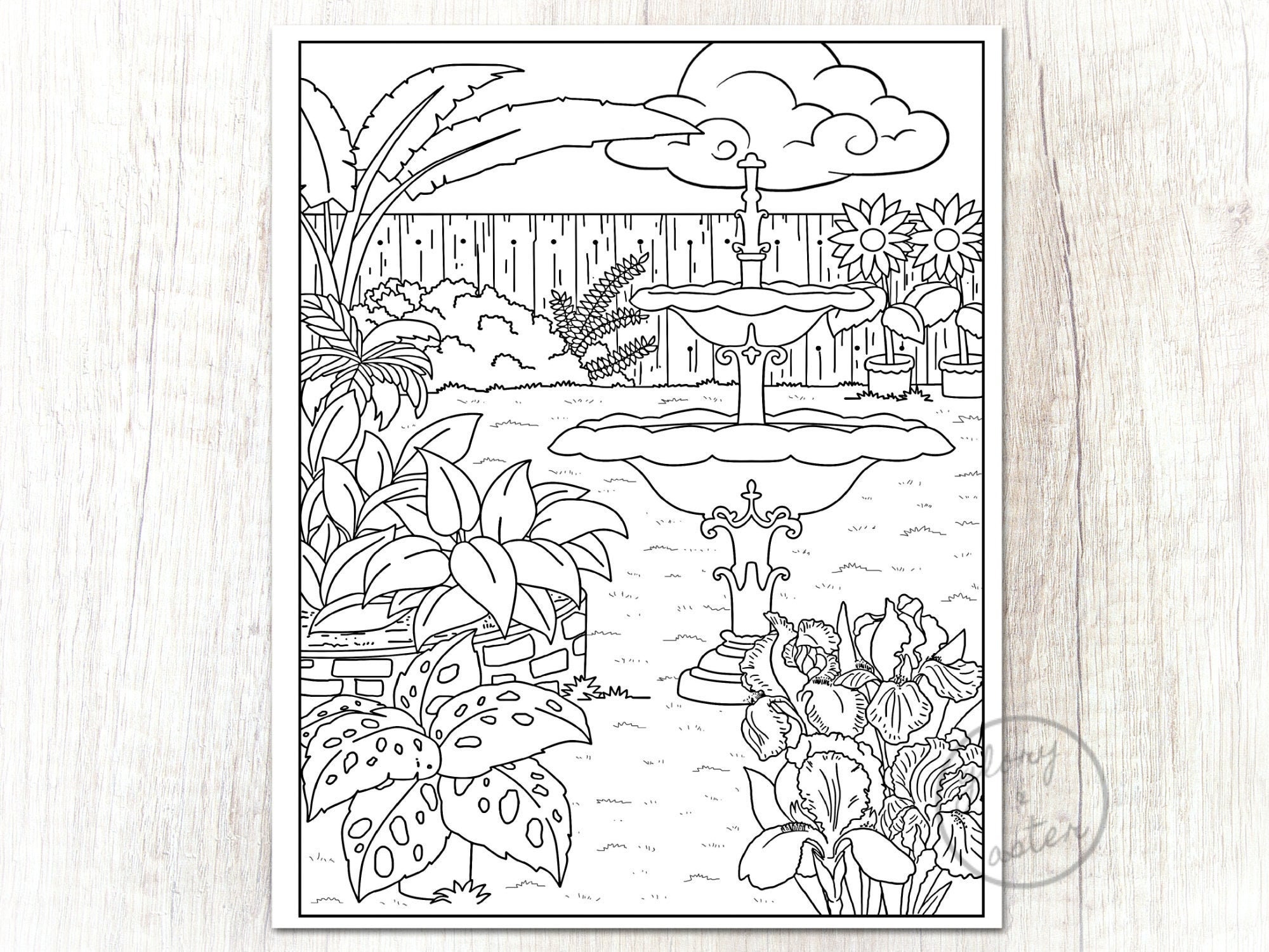 fountain garden coloring page printable adult coloring page etsy