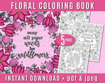 Wildflowers Flower Coloring Book - Printable Adult Coloring Page - Instant Download - PDF - Floral Coloring Page - Spring - Detailed