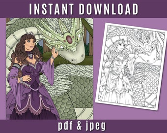 Dragon Princess Coloring Page - Printable Adult Coloring Page - Adult Coloring Page - Fantasy Coloring Page - Dragon - Cute - PDF