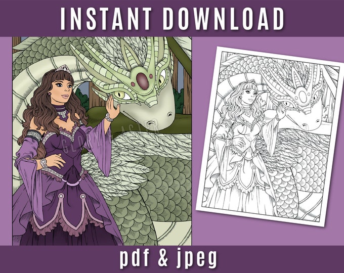Dragon Princess Coloring Page Printable Adult Coloring Page Adult