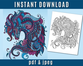 Coloriage Cheval Zentangle - Coloriage Adulte Imprimable - Téléchargement Instantané - PDF - Animal - Zentangle - Mandala - Relaxation