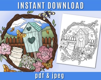 Birdhouse Coloring Page - Instant Download - Printable Coloring - Coloring Sheet - Adult Coloring Page