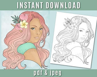 Fairy Portrait Coloring Page - Printable Adult Coloring Page - Adult Coloring Page - Fantasy Coloring Page