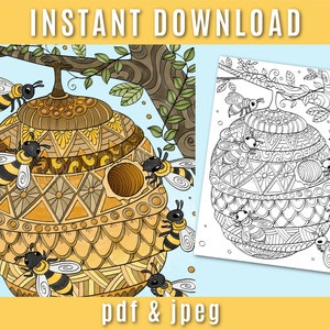 Bee Hive Coloring Page - Printable Adult Coloring Page - Instant Download - PDF - Spring - Bug - Antistress - Zentangle - Nature - Honey
