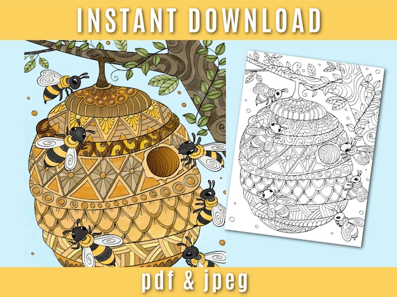 Bee Hive Coloring Page Printable Adult Coloring Page | Etsy
