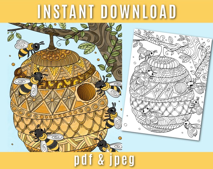 Bee Hive Coloring Page Printable Adult Coloring Page Instant Download ...