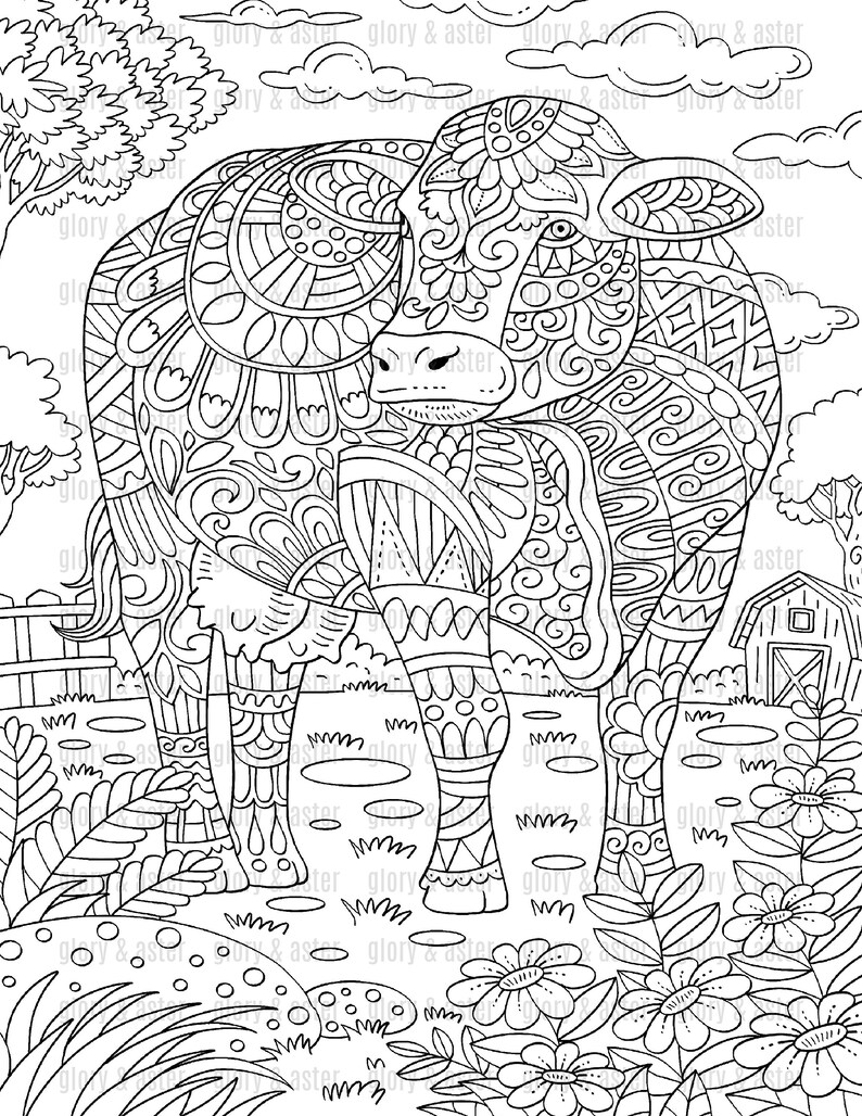 Cow Printable Coloring Page Adult Coloring Book Instant Download