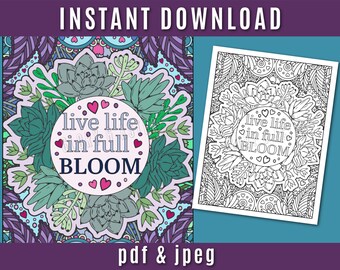 Live Life In Full Bloom Cactus Coloring Page - Printable Adult Coloring Page - Motivational Antistress Coloring - Cactus - Succulent