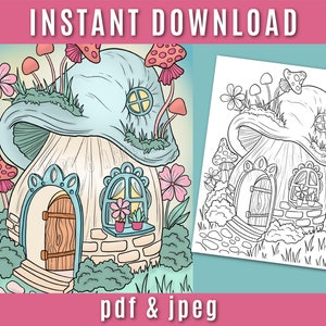 Mushroom Fairy House Coloring Page - Coloring Sheets | Magic Mushroom | Instant Download | Fantasy Coloring | Adult Coloring Book