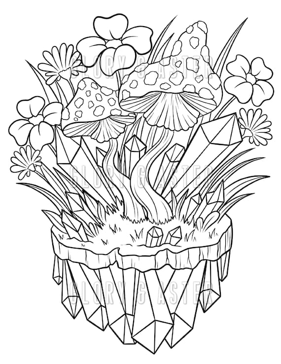 crystal mushrooms coloring page printable adult coloring etsy