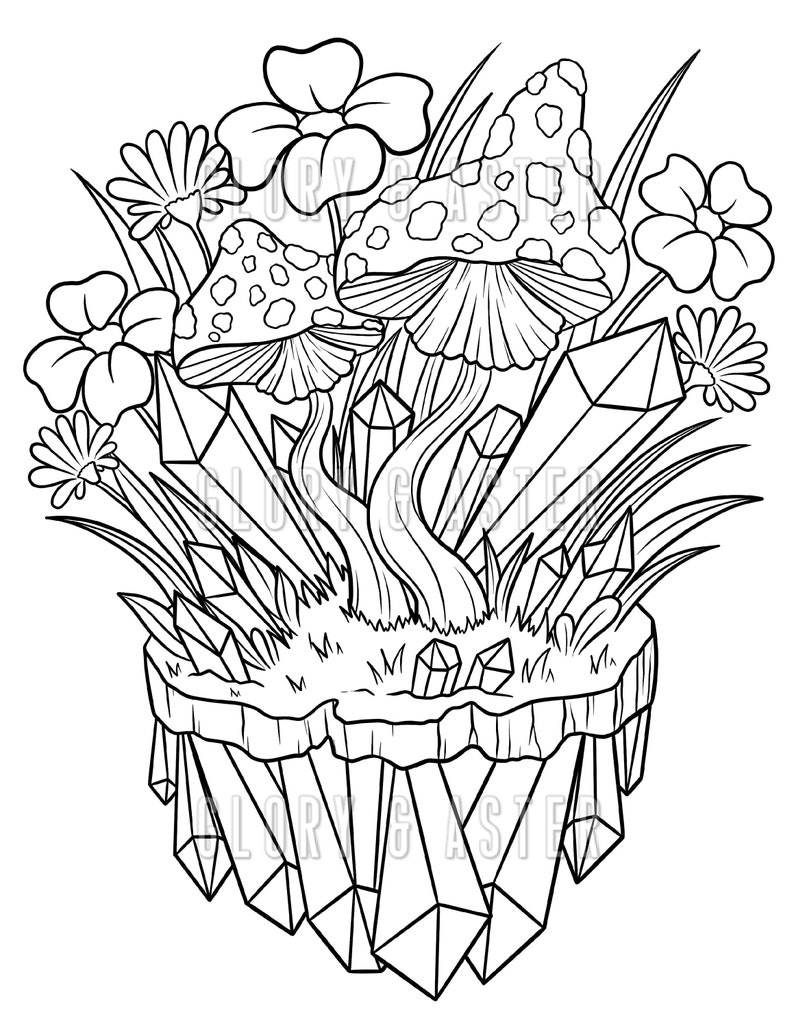 Crystal Mushrooms Coloring Page Printable Adult Coloring Etsy