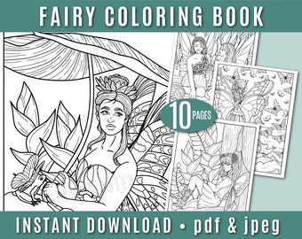 Fairy Coloring Book -  Printable Adult Coloring Book - Adult Coloring Pages - Fantasy Coloring Page - Digital Download