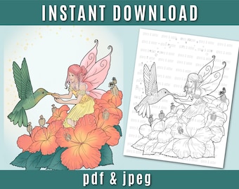 Hummingbird Fairy Coloring Page | Printable Adult Coloring Page | Instant Download | Fantasy Coloring | Adult Coloring Book