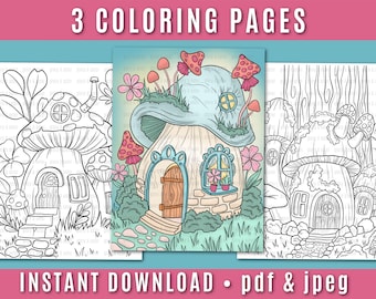 Fairy House Coloring Page - Coloring Sheets | Magic Mushroom | Instant Download | Fantasy Coloring | Adult Coloring Book